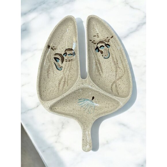 Vintage Red Wing Pottery Bob White Quail Pattern Triple Section Serving Bowl Rel - Picture 8 of 11